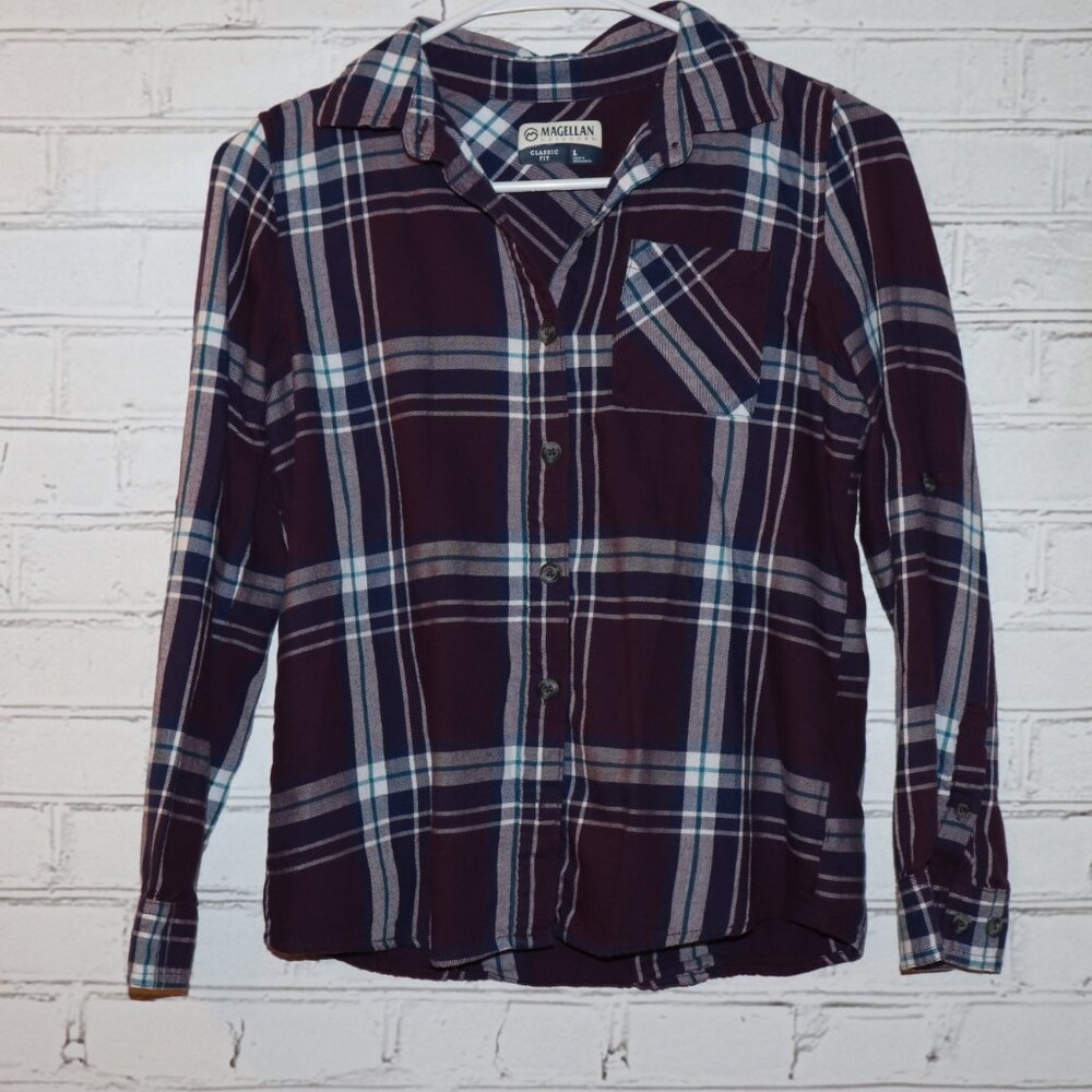 Magellan Outdoors Plaid Button‑Down Shirt · Youth Large (14/16) Cozy, outdoorsy,